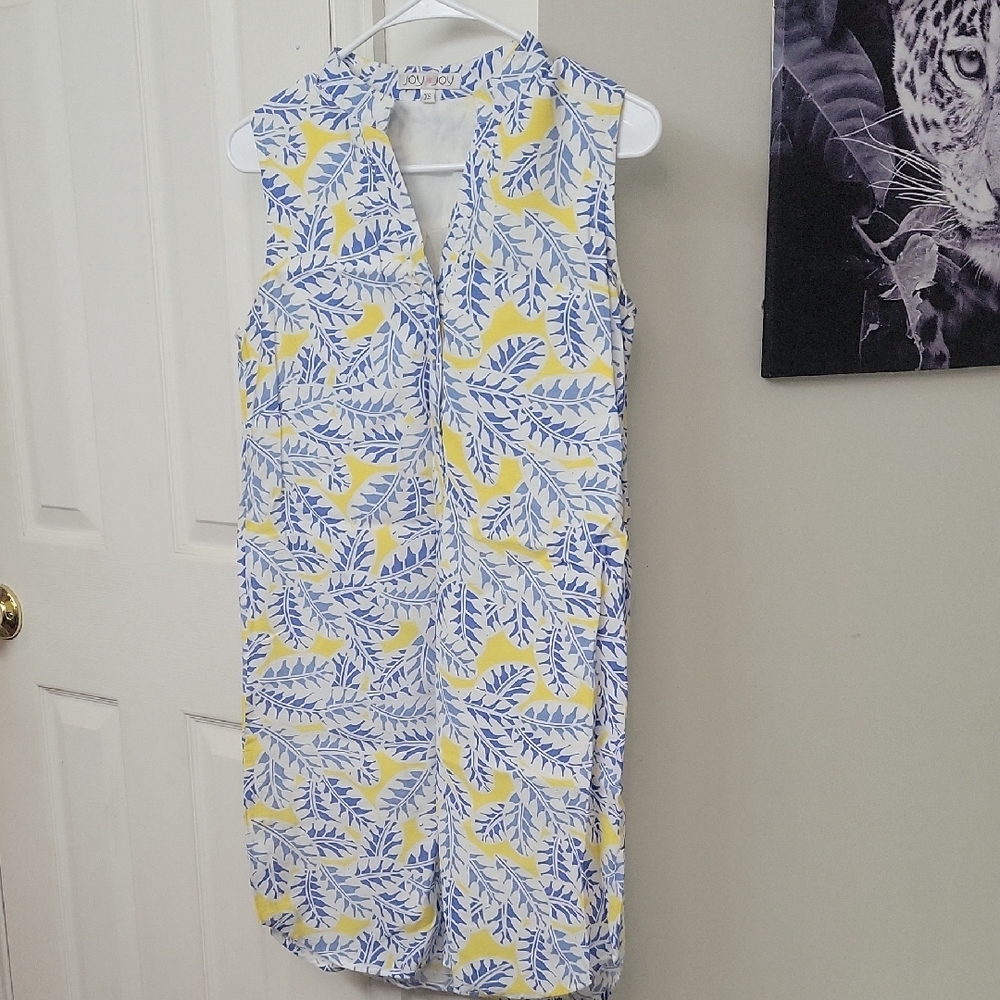 Sleeveless Blue and Yellow Leaf Print Dress